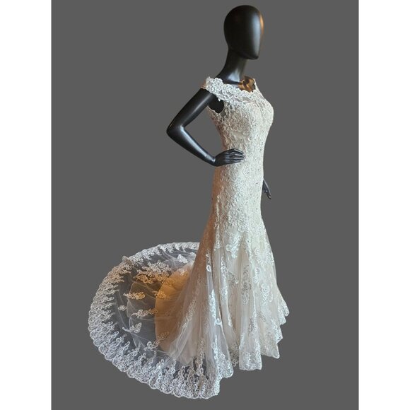 Ivory/Champagne Off Shoulder Fit and Flare Sparkle Illusion Wedding Gown - Picture 2 of 8